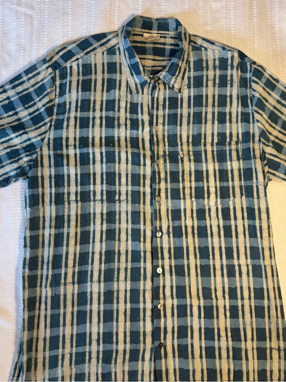 Anokhi Men’s XXL Shirt 100% Cotton Short-sleeved Abstract  Blue Splatter Plaid